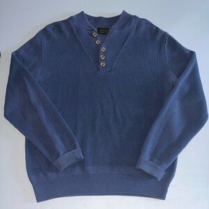 Vintage Eddie Bauer Sweater Large Blue Knit Henley Wooden Buttons 100% Cotton